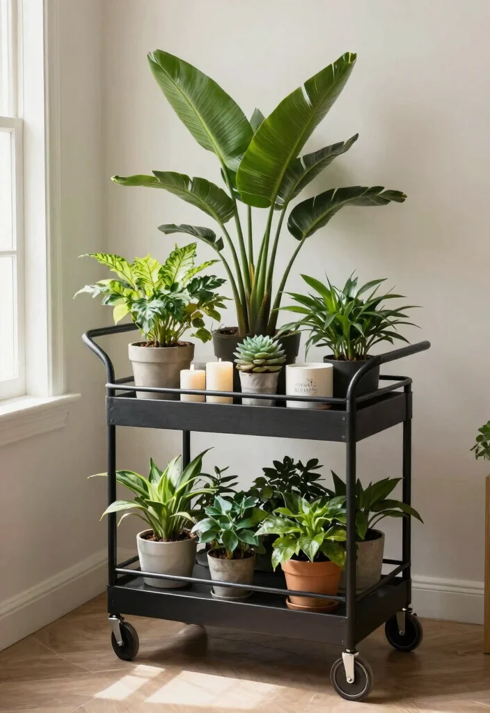 15 Practical Small Plant Shelf Ideas for Tiny Spaces 14. Stylish Trolley Plant Cart 0