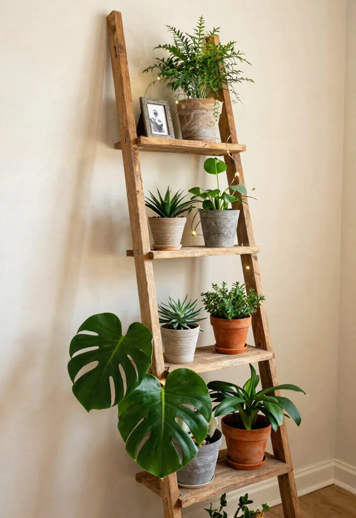 15 Practical Small Plant Shelf Ideas for Tiny Spaces 3. Ladder Plant Shelf 0