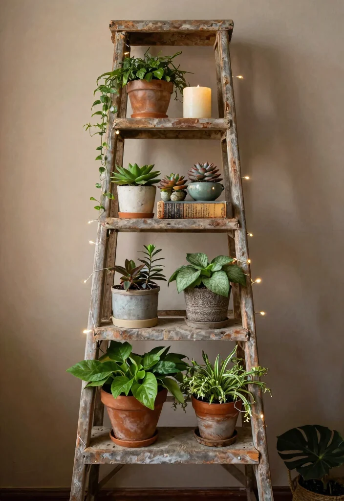 15 Practical Small Plant Shelf Ideas for Tiny Spaces 8. Vintage Ladder Rack 0