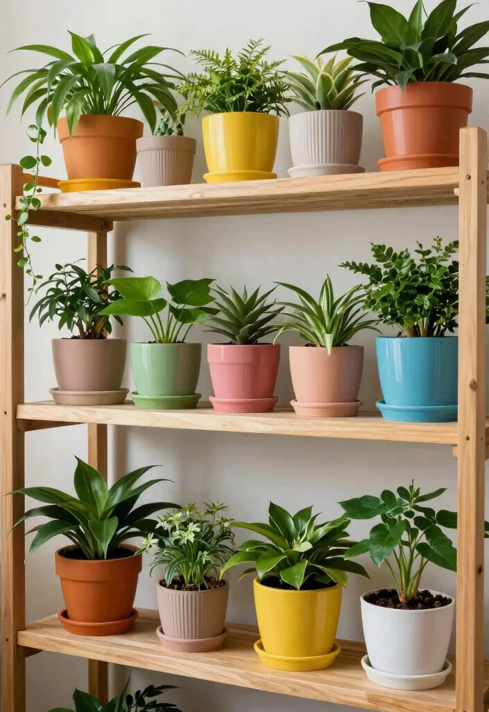 17 Aesthetic Indoor Plant Shelf Ideas for a Cozy Vibe 12. Colorful Pot Collection 0