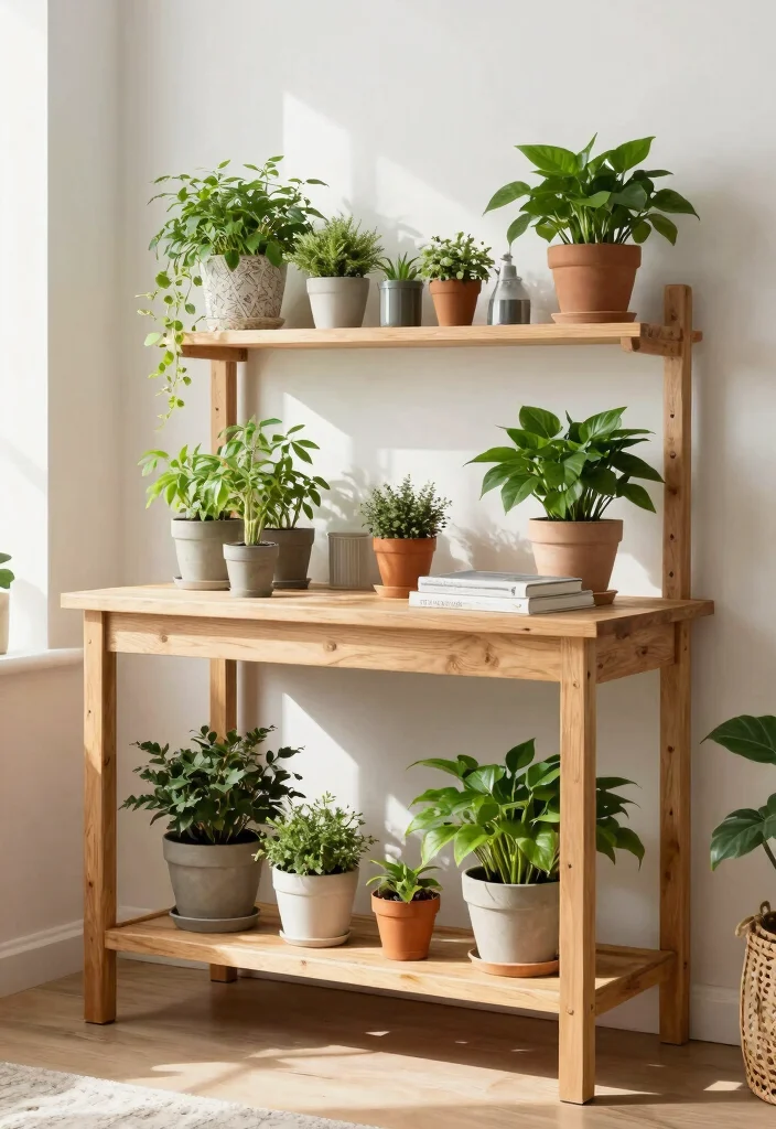 17 Aesthetic Indoor Plant Shelf Ideas for a Cozy Vibe 16. DIY Plant Potting Station 0