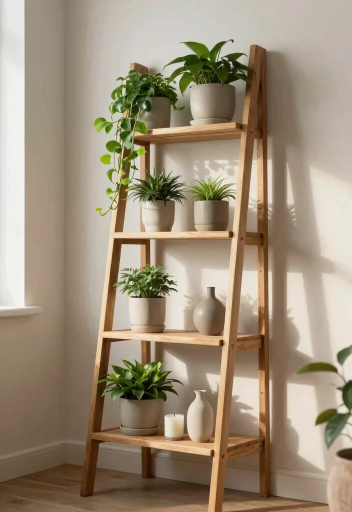 17 Aesthetic Indoor Plant Shelf Ideas for a Cozy Vibe 3. Minimalist Ladder Display 0