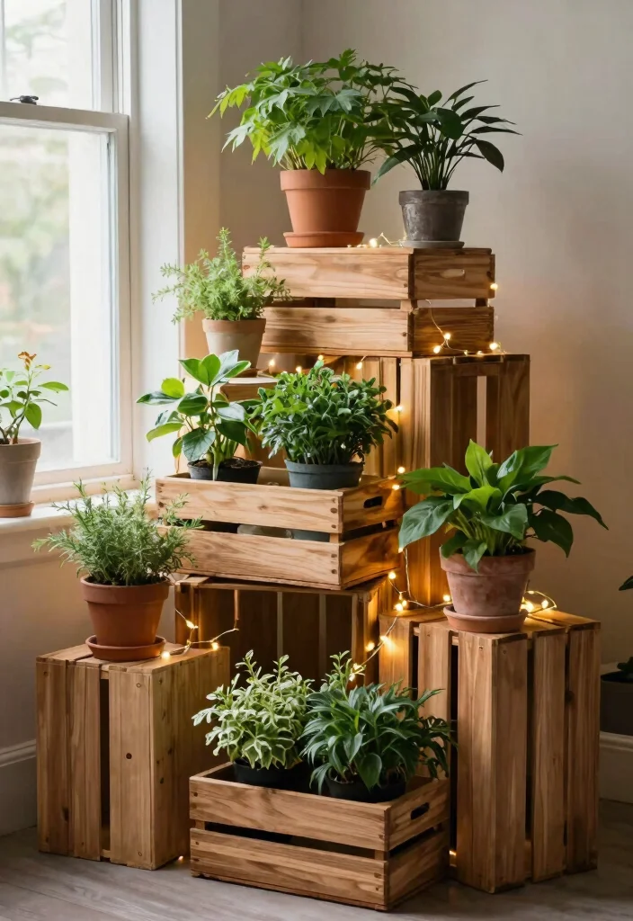 17 Aesthetic Indoor Plant Shelf Ideas for a Cozy Vibe 5. Rustic Crate Styling 0