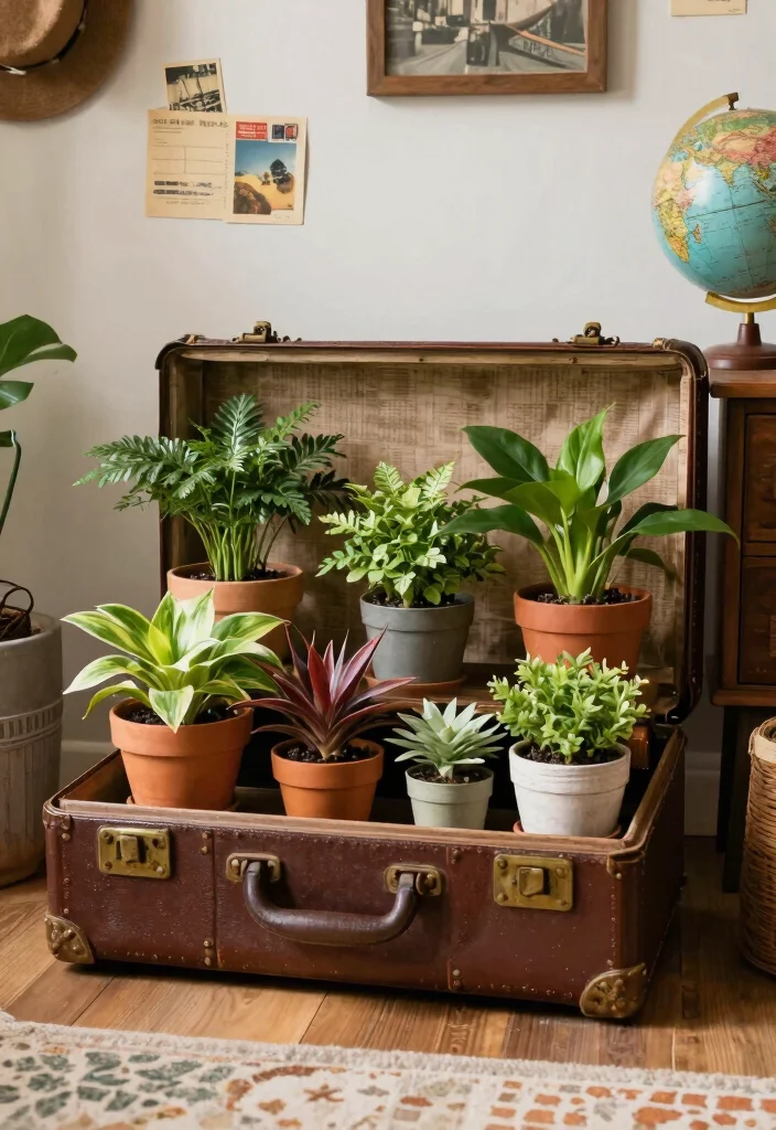 17 Aesthetic Indoor Plant Shelf Ideas for a Cozy Vibe 6. Vintage Suitcase Display 0