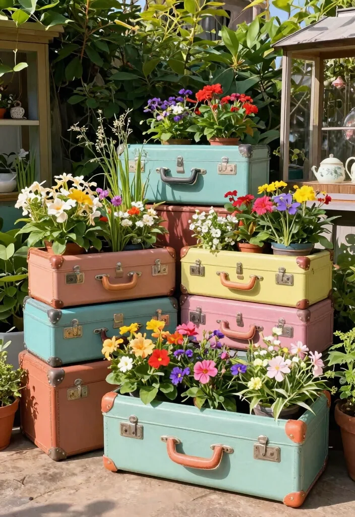 17 Colorful Large Outdoor Planter Ideas Flower Pots 10. Vintage Suitcase Planters 0