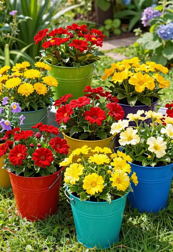 17 Colorful Large Outdoor Planter Ideas Flower Pots 3. Painted Metal Buckets 0