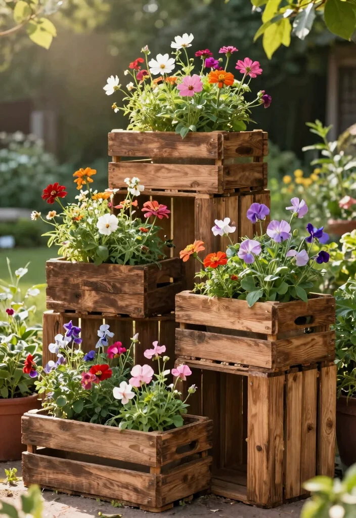 20 Breathtaking Large Flower Planter Ideas for Summer 10. Rustic Wooden Crates 0