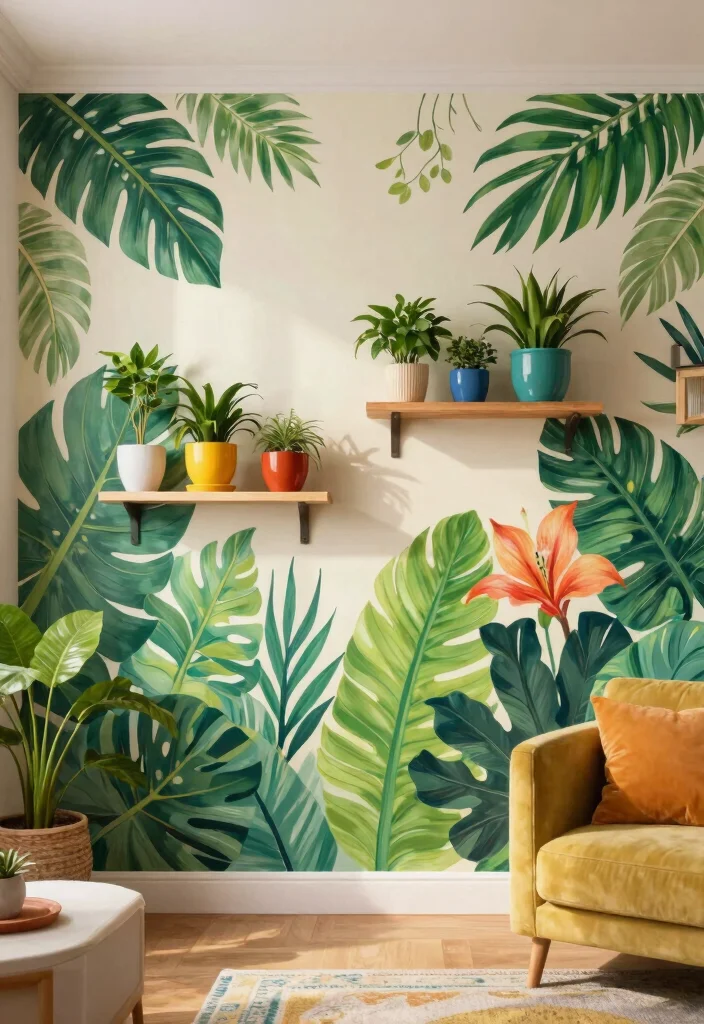 21 Stunning Plant Wall Shelf Ideas to Display Your Jungle 14. Artistic Plant Wall Mural 0