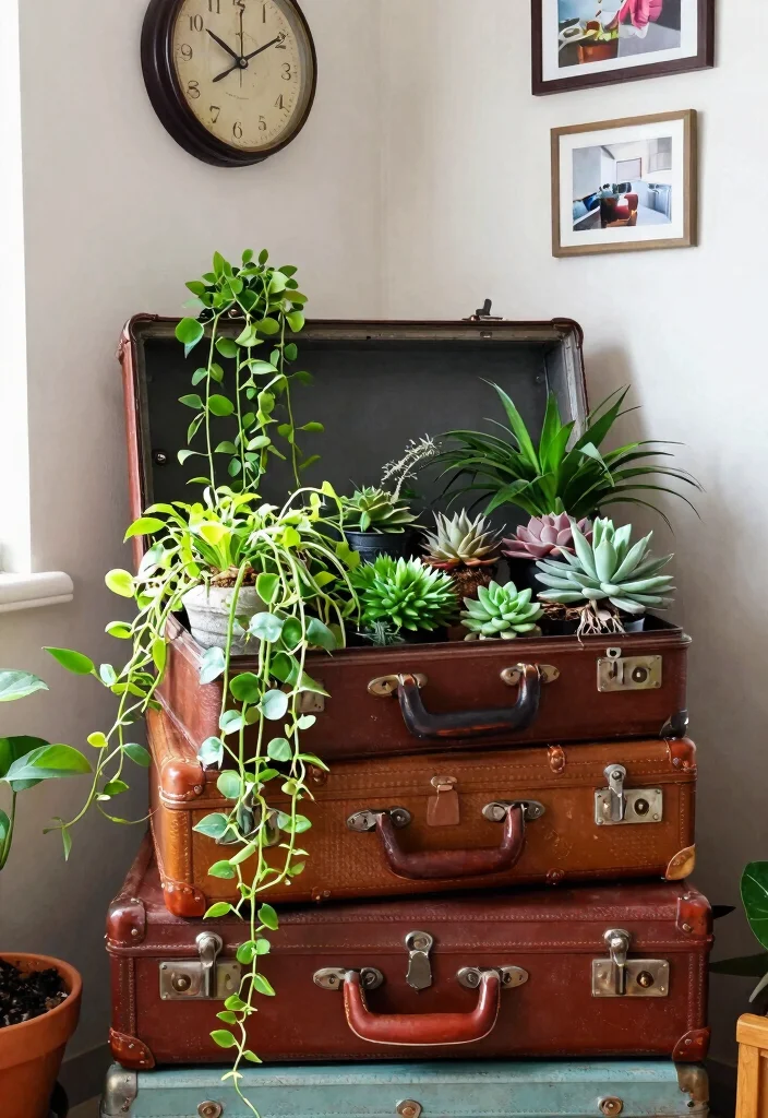 21 Stunning Plant Wall Shelf Ideas to Display Your Jungle 6. Vintage Suitcase Display 0
