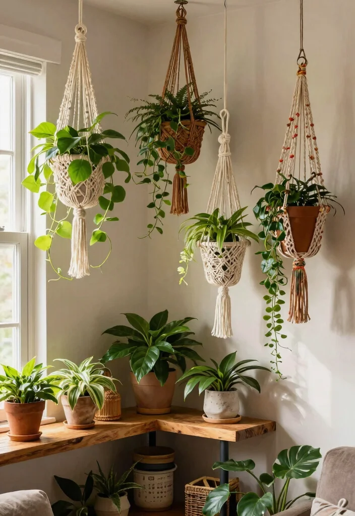21 Stunning Plant Wall Shelf Ideas to Display Your Jungle 9. Macrame Plant Hangers on Shelves 0