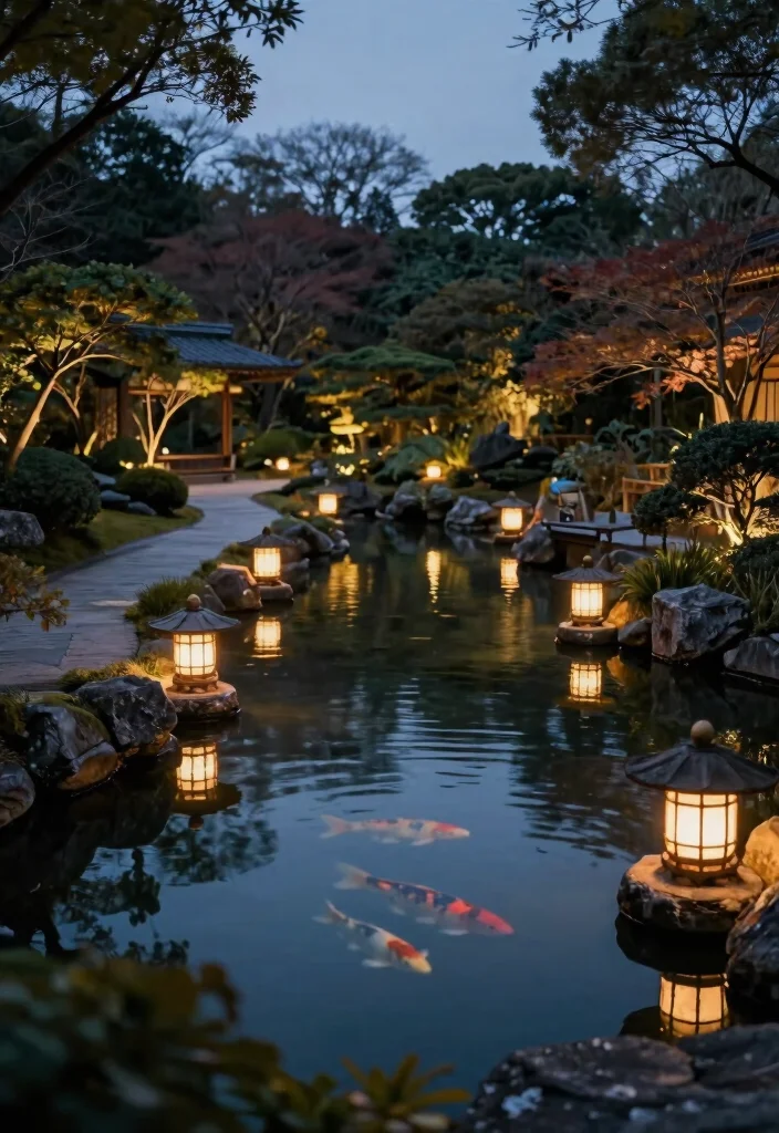 7 Authentic Japanese Garden Pond Ideas for Ultimate Zen 7. Integrated Lighting for Evening Glow 0
