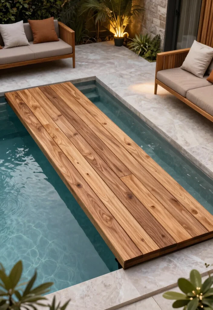 7 Chic Plunge Pool Cover Ideas for Small Yards 2. Sleek Wooden Slat Covers 0