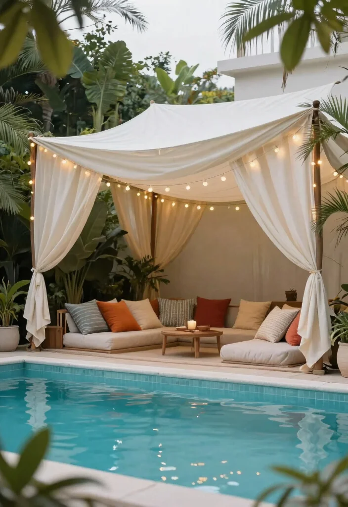 7 Chic Plunge Pool Cover Ideas for Small Yards 5. Natural Fabric Canopies 0