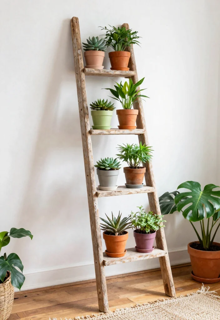 7 Clever DIY Window Plant Shelf Ideas for Sun Lovers 3. Repurposed Ladder Shelving for Rustic Charm 0