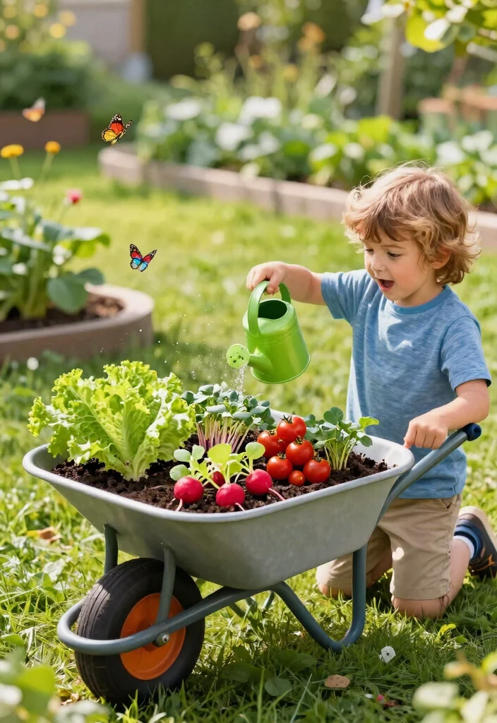 7 Fun Wheelbarrow Garden Ideas for Kids to Learn Planting 2. Vegetable Patch Wheelbarrow 0