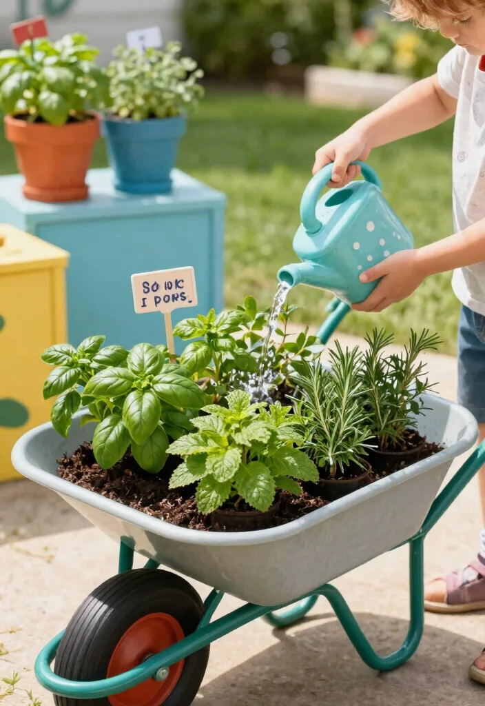 7 Fun Wheelbarrow Garden Ideas for Kids to Learn Planting 3. Herb Garden on Wheels 0