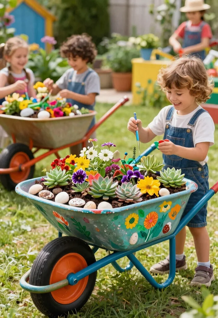 7 Fun Wheelbarrow Garden Ideas for Kids to Learn Planting 7. Crafty Wheelbarrow Planters 0