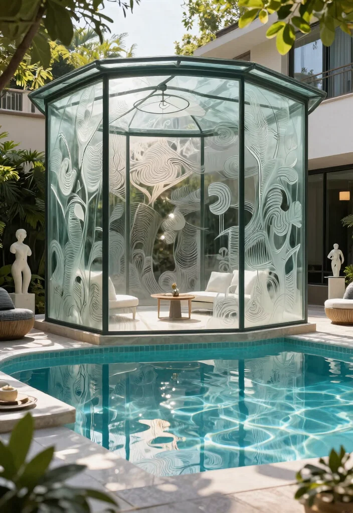 7 High End Glass Pool Cover Ideas for Ultimate Luxury 2. Artistic Glass Pool Enclosures 0