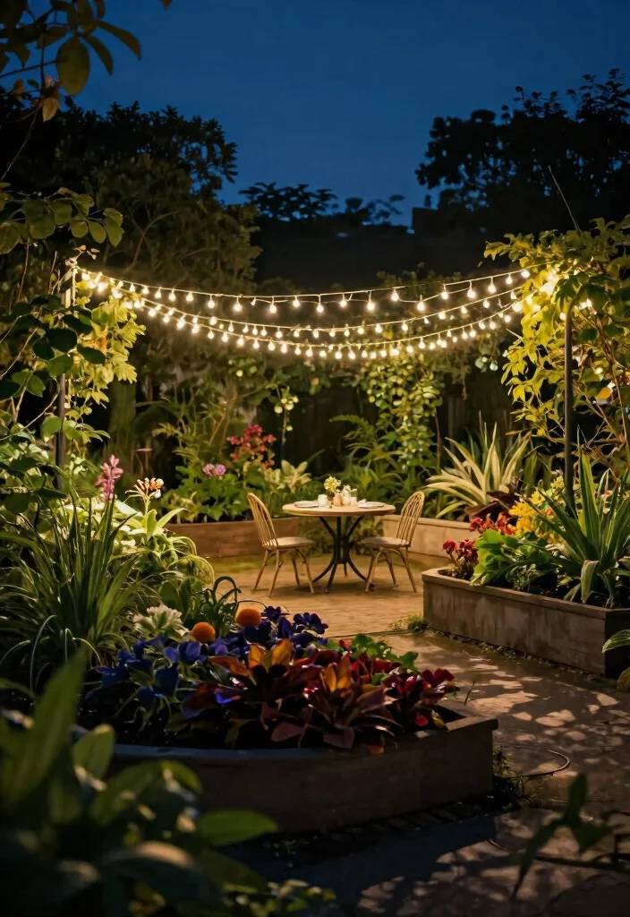 7 Magical Raised Bed Lighting Garden Ideas for Nighttime 4. String Lights Canopy 0