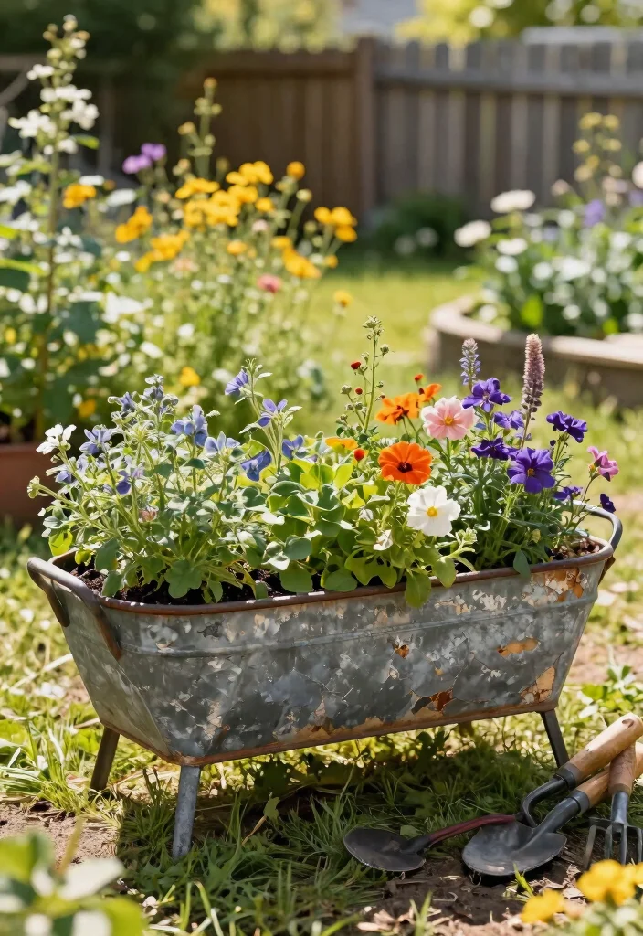 7 Rustic Large Trough Planter Ideas for Farmhouse Yards 1. Vintage Metal Trough Planter 0