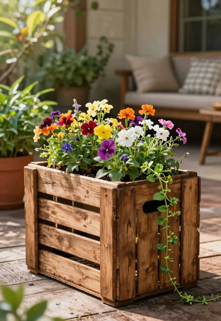 7 Rustic Large Trough Planter Ideas for Farmhouse Yards 2. Repurposed Wooden Crate Planter 0