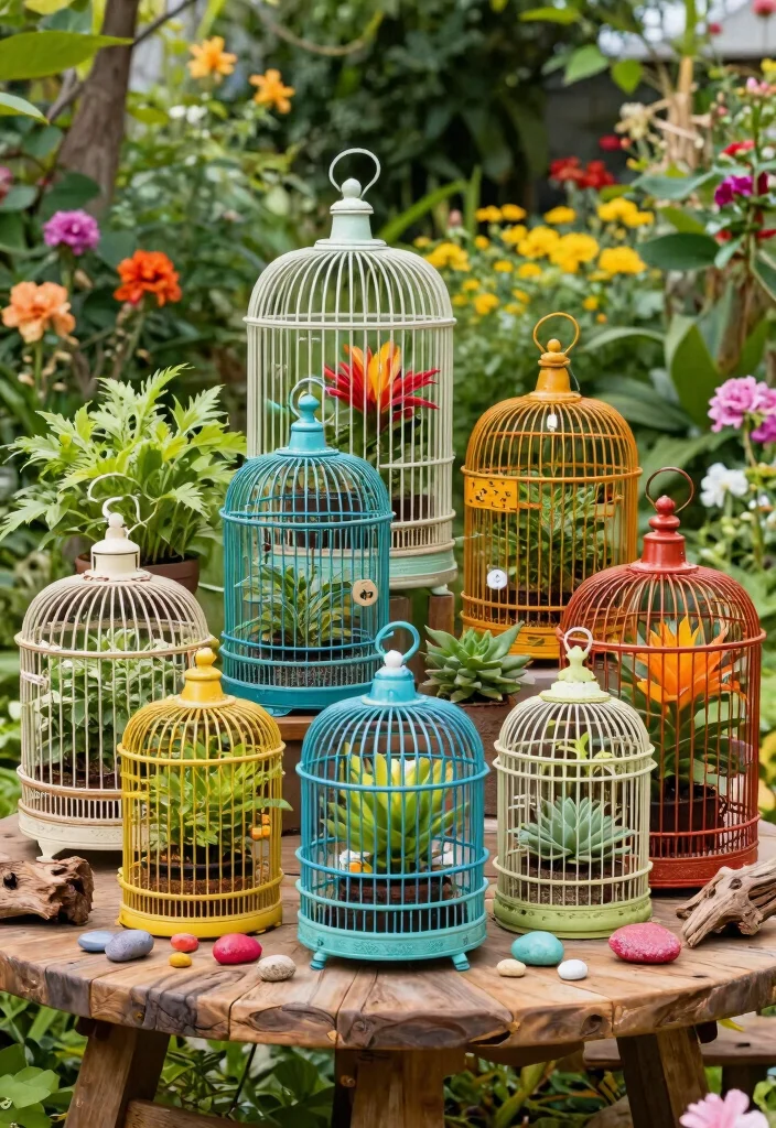 7 Whimsical Large Bird Cage Planter Ideas So Cute 3. Vintage Eclectic Mix 0