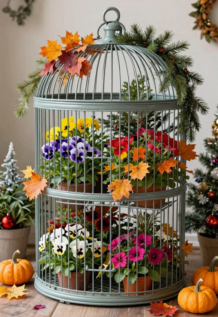 7 Whimsical Large Bird Cage Planter Ideas So Cute 6. Seasonal Showcase 0