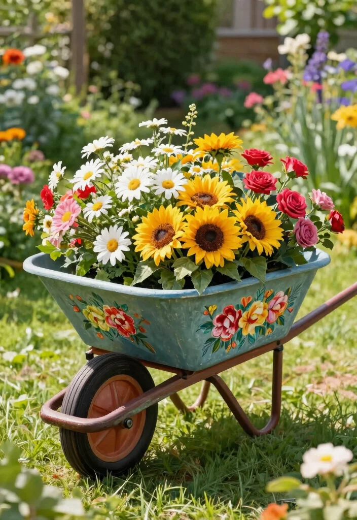 9 Artistic Wheelbarrow Art Ideas to Paint and Display 1. Floral Wonderland 0
