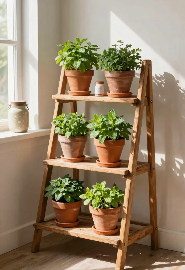 9 Fresh Plant Wall Shelf Ideas for Kitchen Herb Gardens 1. Rustic Ladder Shelf Herb Garden 0