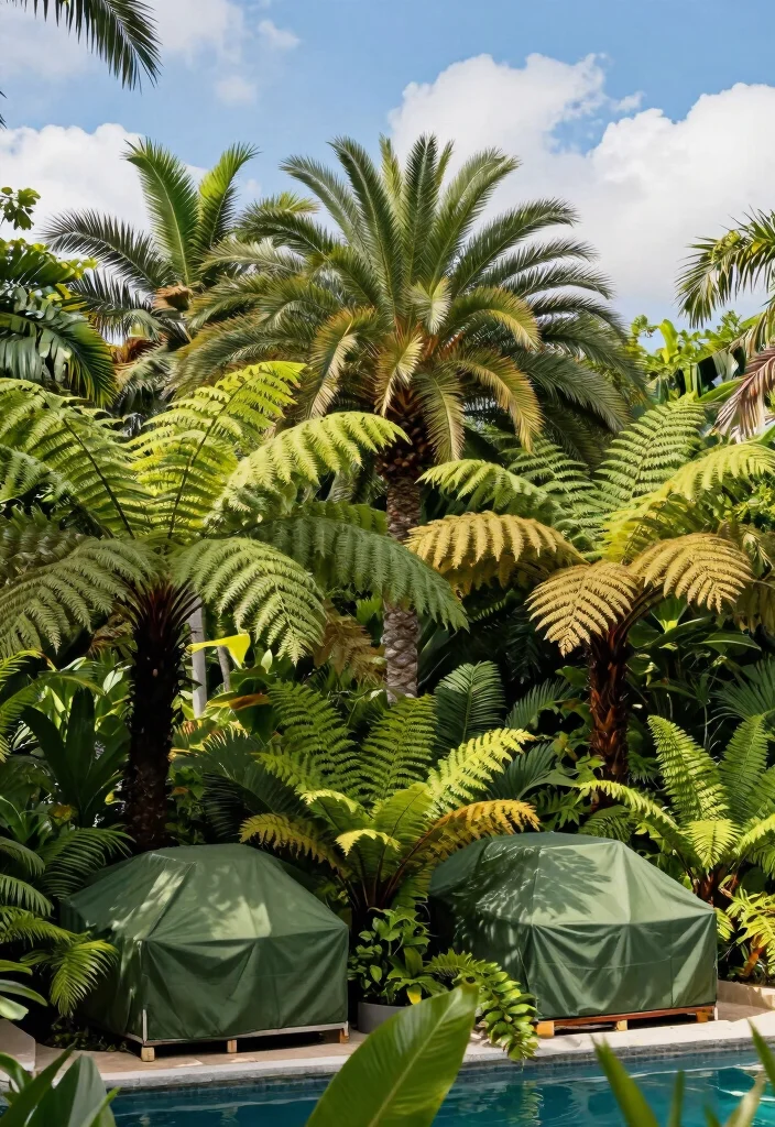 9 Lush Pool Equipment Cover Ideas Plants and Landscaping 1. Tropical Ferns and Palms for a Lush Look 0
