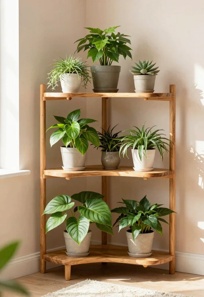 9 Space Saving Corner Shelf Plant Ideas for Small Rooms 1. Tiered Plant Shelf for Vertical Interest 0