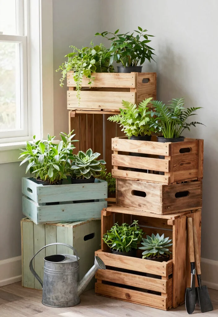 9 Space Saving Corner Shelf Plant Ideas for Small Rooms 4. Rustic Wooden Crates for a Farmhouse Feel 0