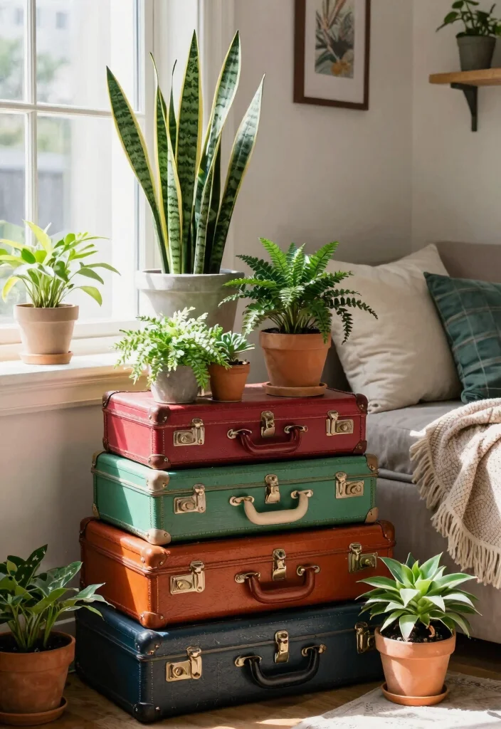 9 Space Saving Corner Shelf Plant Ideas for Small Rooms 6. Vintage Suitcase Display for Quirky Charm 0