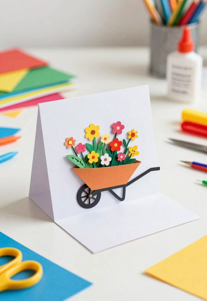 9 Sweet Wheelbarrow Card Ideas for Handmade Crafts 2. Miniature Wheelbarrow Pop Up Card 0