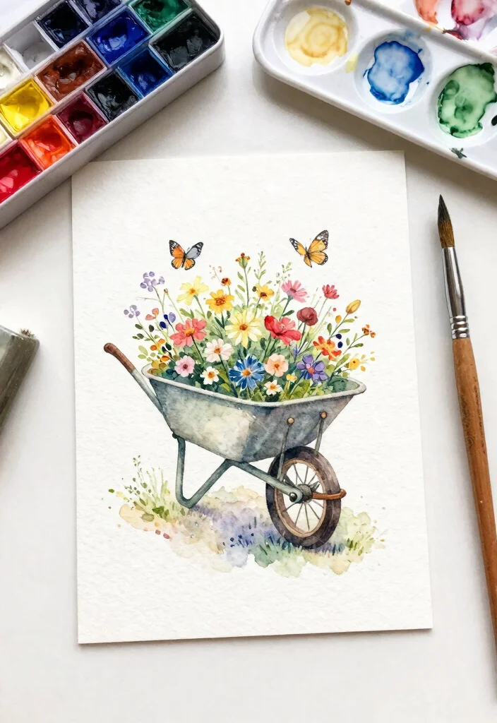 9 Sweet Wheelbarrow Card Ideas for Handmade Crafts 3. Watercolor Wheelbarrow Card 0