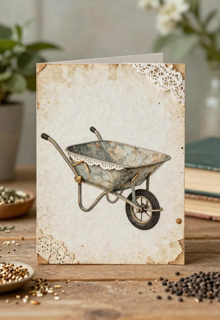9 Sweet Wheelbarrow Card Ideas for Handmade Crafts 4. Vintage Wheelbarrow Card 0
