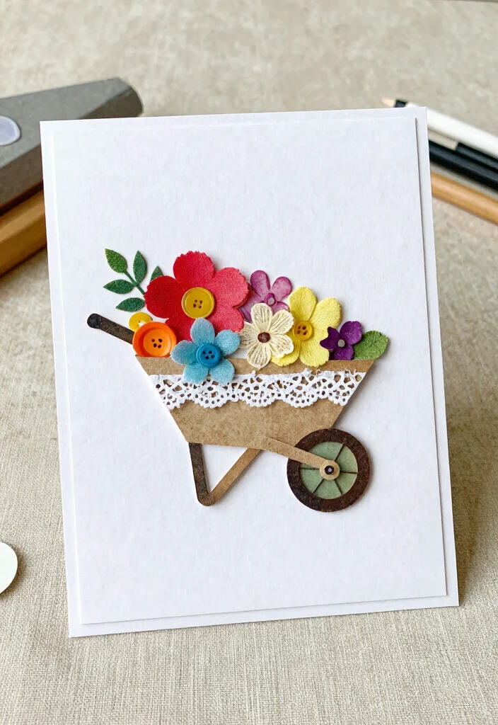 9 Sweet Wheelbarrow Card Ideas for Handmade Crafts 6. Embellished Wheelbarrow Card 0